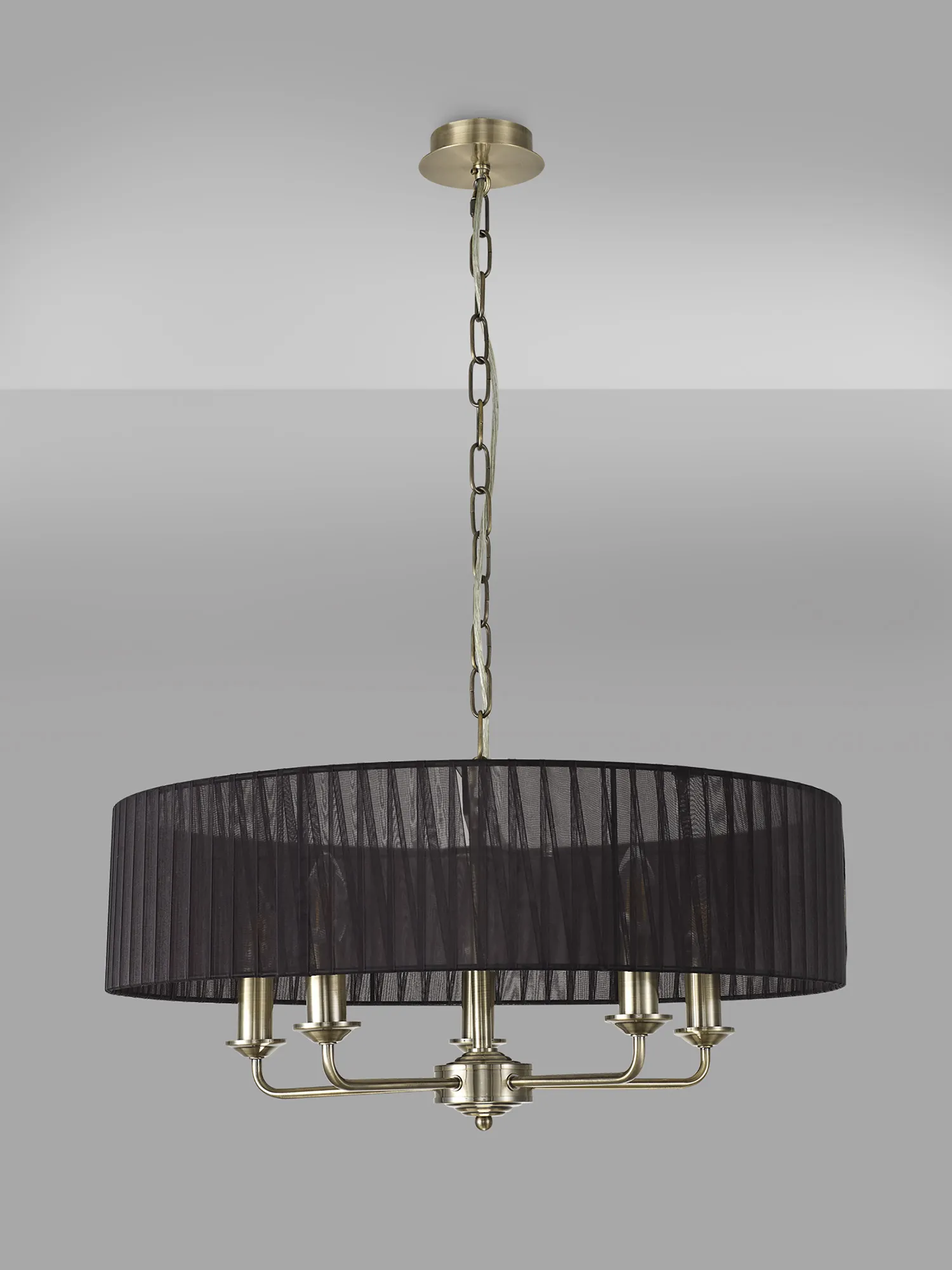 Banyan 5 Light Multi Arm Pendant With 60cm x 15cm Organza Shade Antique Brass/Black DK0868  Deco Banyan AB BL